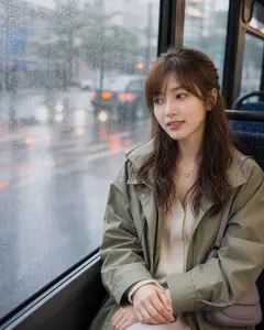 同一位虛擬人物在雨天公車上
