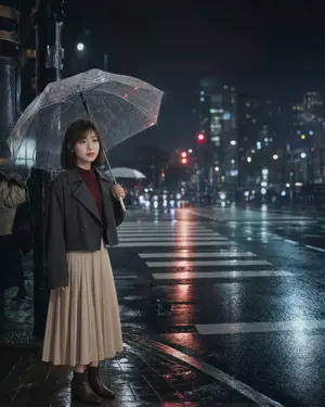 虛擬人物在日本東京雨夜
